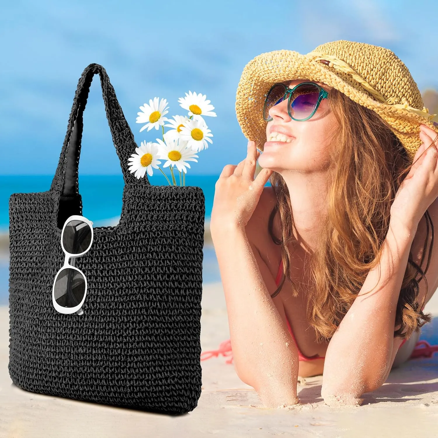 Straw Bag Beach Tote Handbag for Women Large Summer Woven Raffia Bag with Zipper