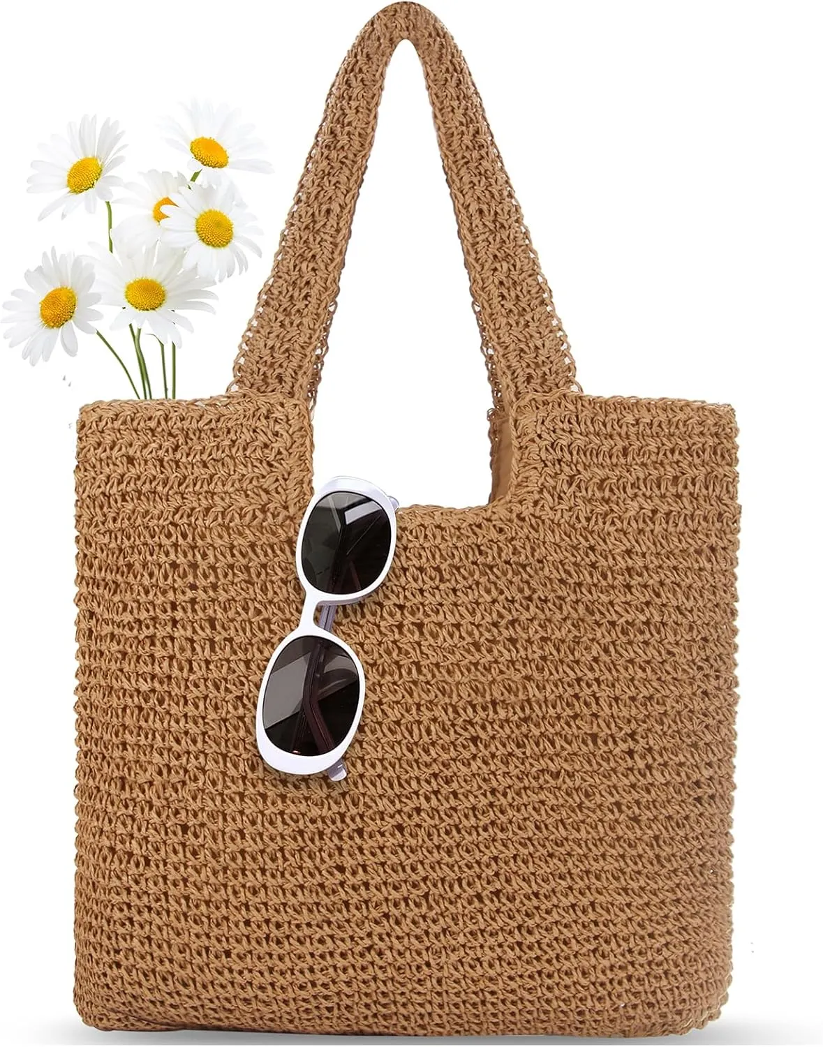 Straw Bag Beach Tote Handbag for Women Large Summer Woven Raffia Bag with Zipper