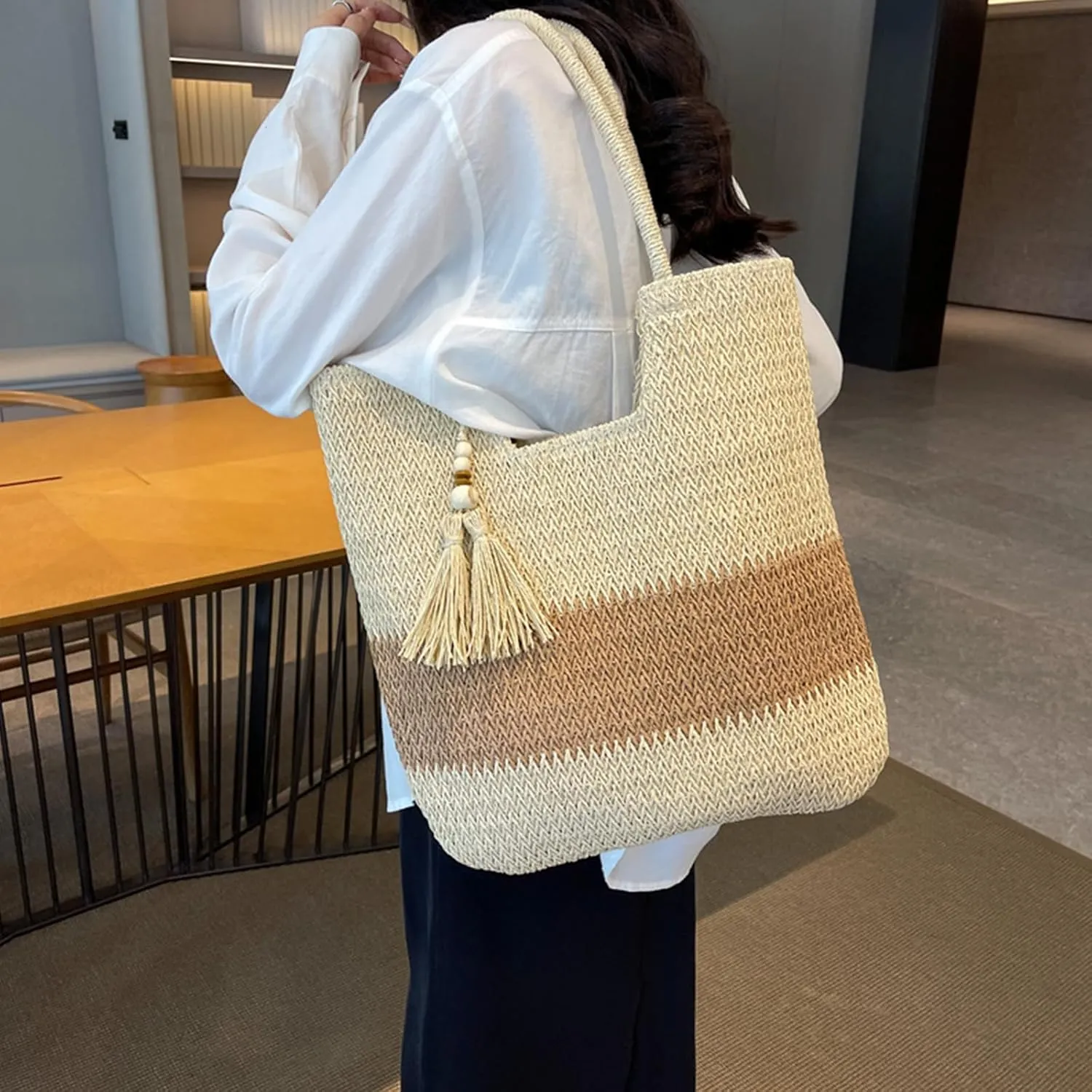 Straw Bag Beach Tote Handbag for Women Large Summer Woven Raffia Bag with Zipper