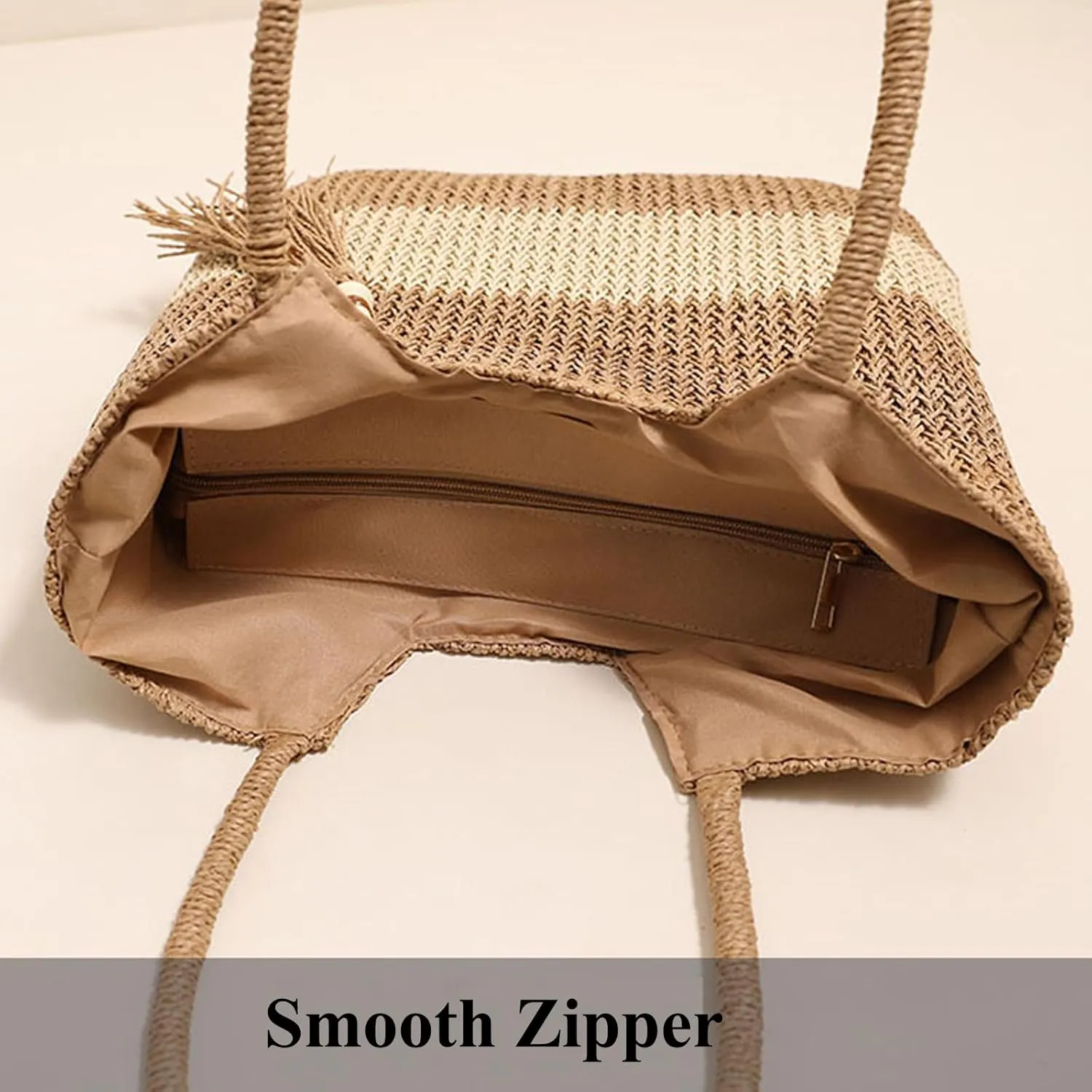 Straw Bag Beach Tote Handbag for Women Large Summer Woven Raffia Bag with Zipper