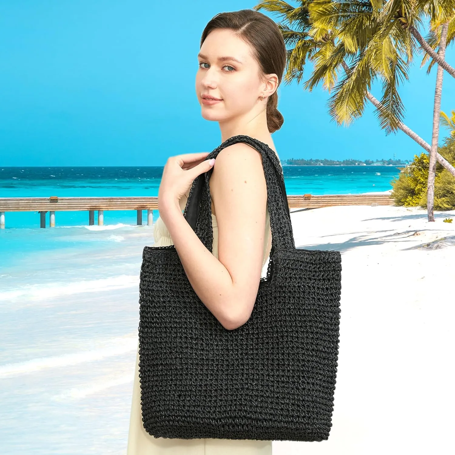Straw Bag Beach Tote Handbag for Women Large Summer Woven Raffia Bag with Zipper