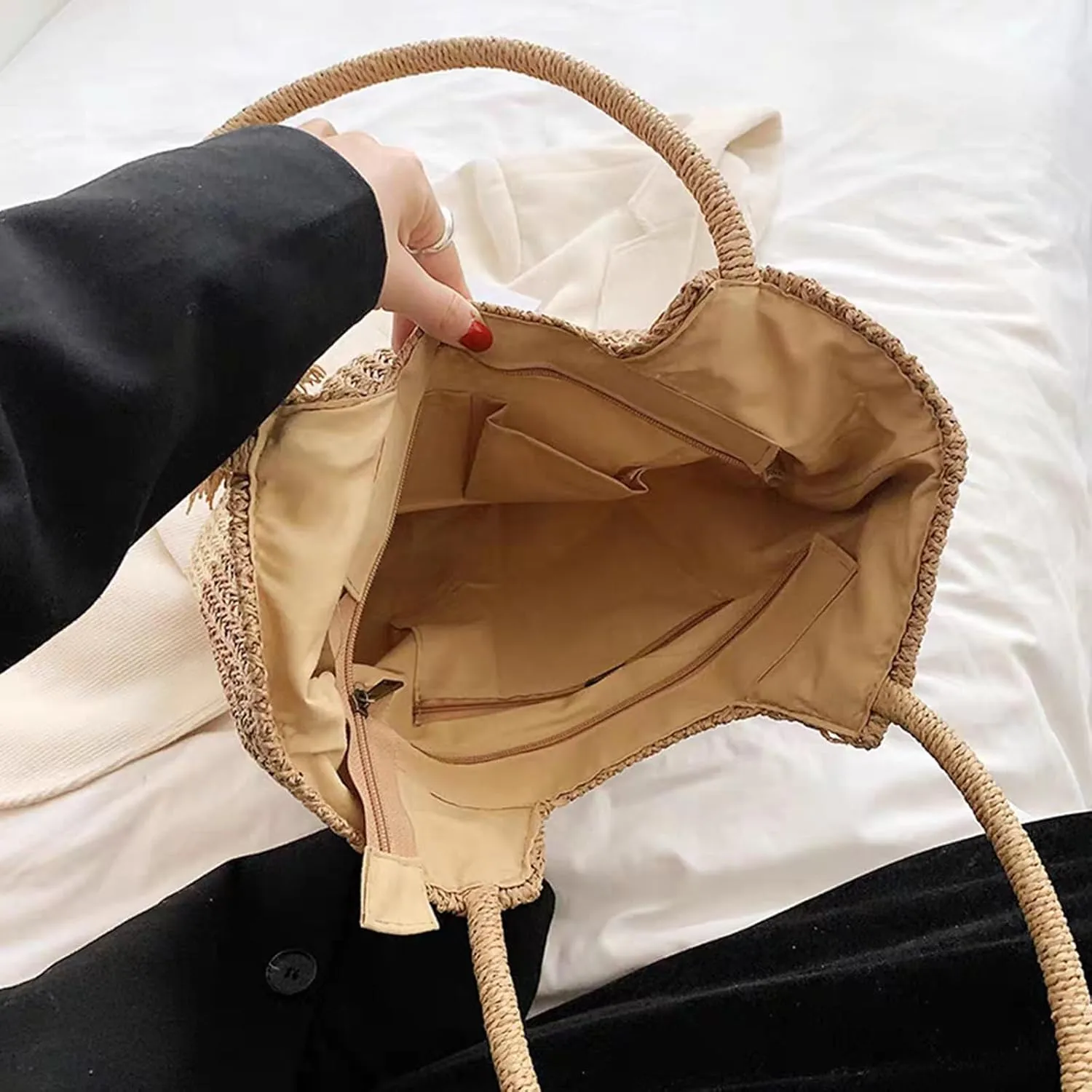 Straw Bag Beach Tote Handbag for Women Large Summer Woven Raffia Bag with Zipper
