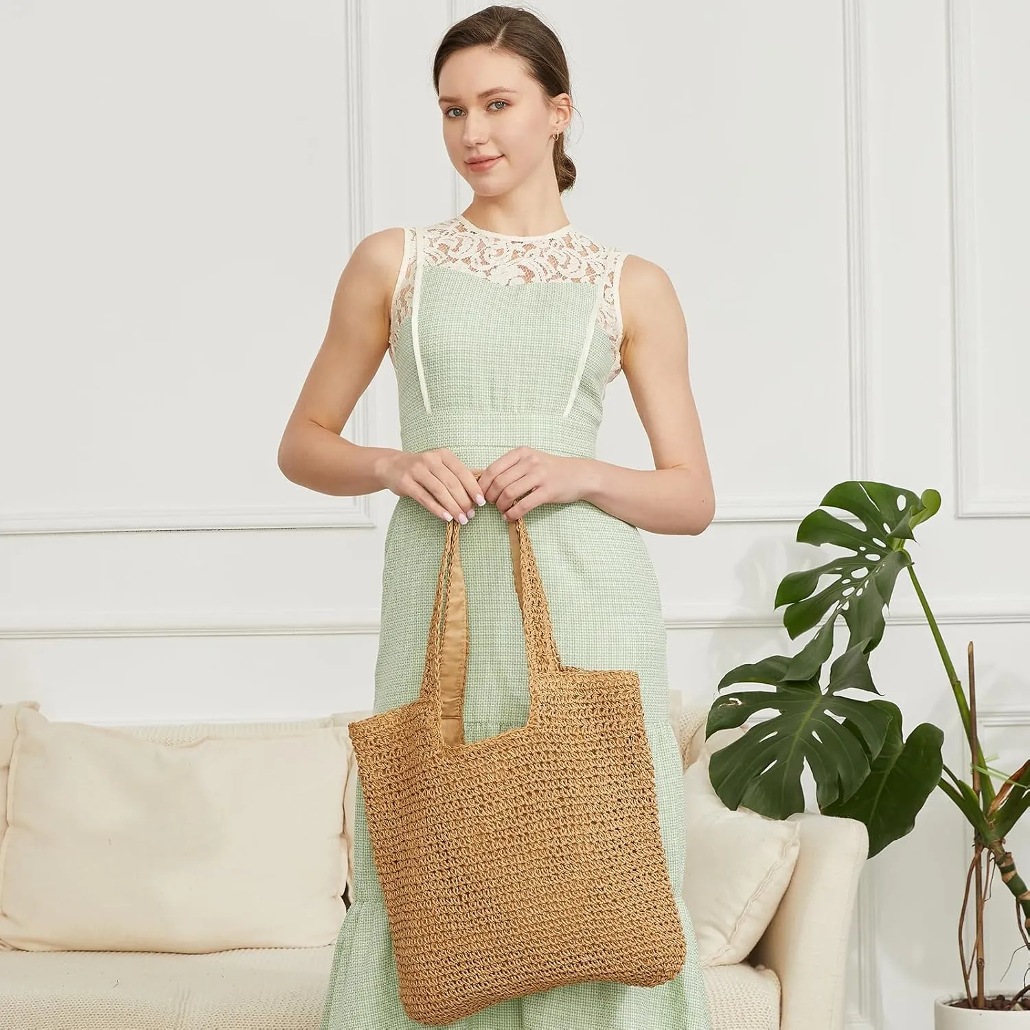 Straw Bag Beach Tote Handbag for Women Large Summer Woven Raffia Bag with Zipper