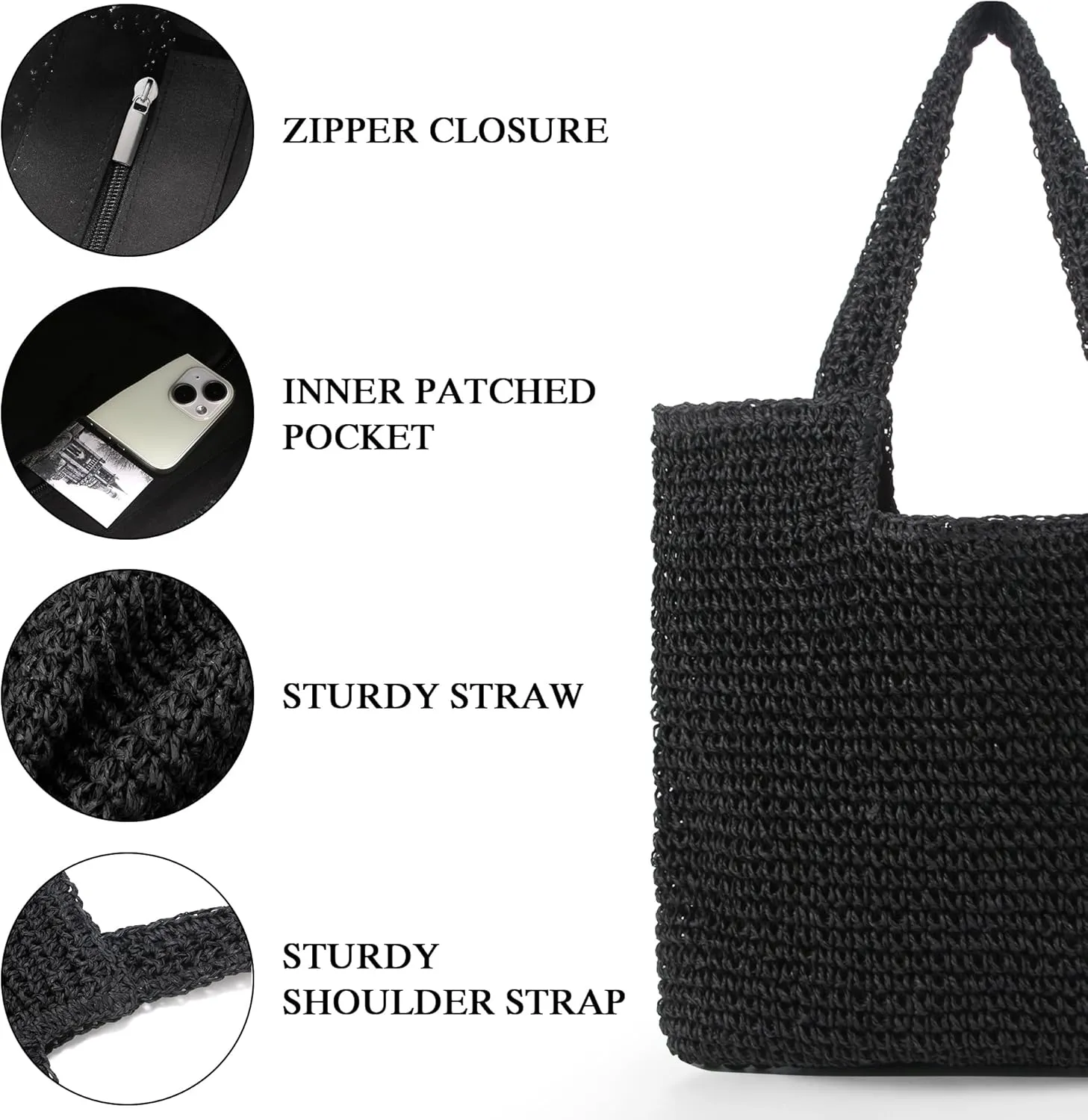Straw Bag Beach Tote Handbag for Women Large Summer Woven Raffia Bag with Zipper