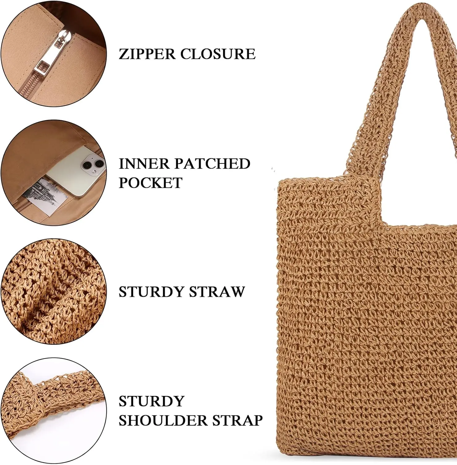 Straw Bag Beach Tote Handbag for Women Large Summer Woven Raffia Bag with Zipper