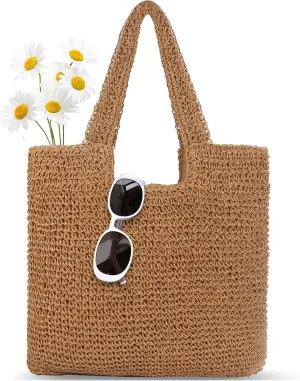 Straw Bag Beach Tote Handbag for Women Large Summer Woven Raffia Bag with Zipper