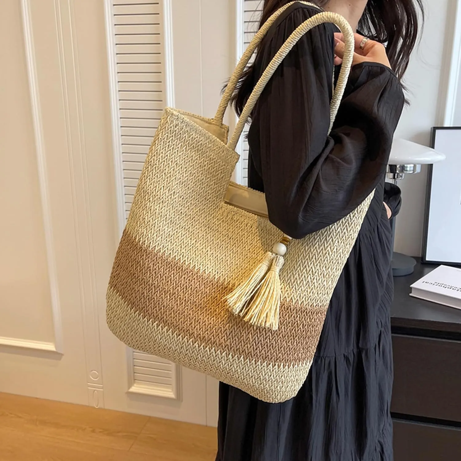 Straw Bag Beach Tote Handbag for Women Large Summer Woven Raffia Bag with Zipper