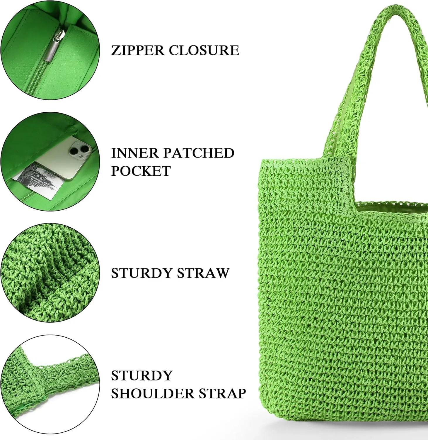 Straw Bag Beach Tote Handbag for Women Large Summer Woven Raffia Bag with Zipper
