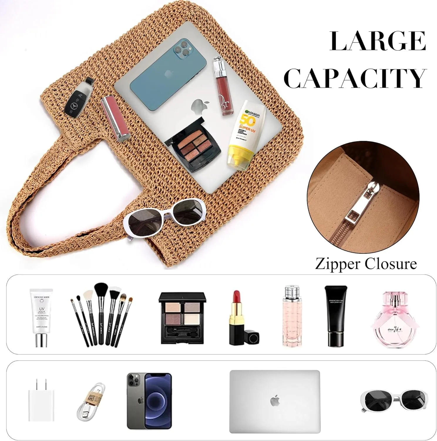 Straw Bag Beach Tote Handbag for Women Large Summer Woven Raffia Bag with Zipper