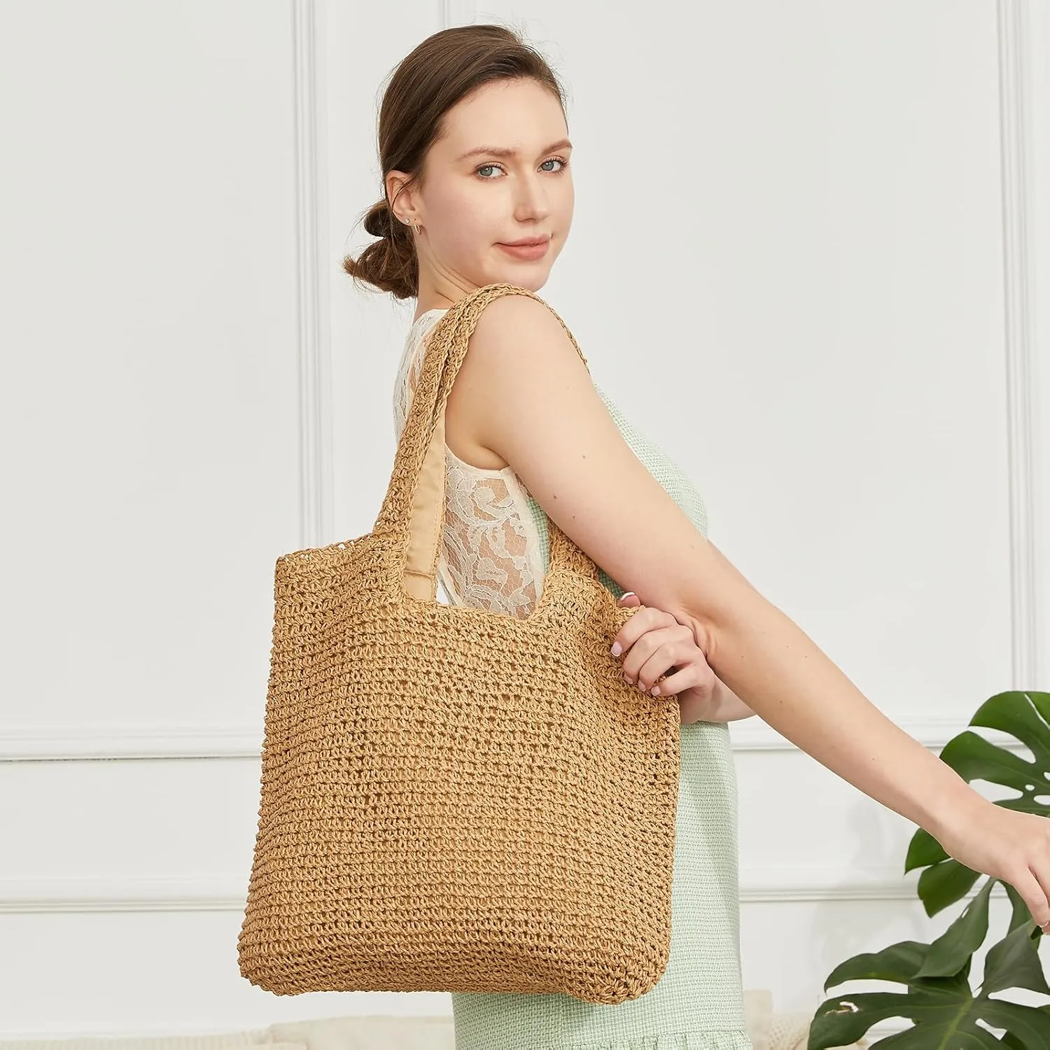 Straw Bag Beach Tote Handbag for Women Large Summer Woven Raffia Bag with Zipper