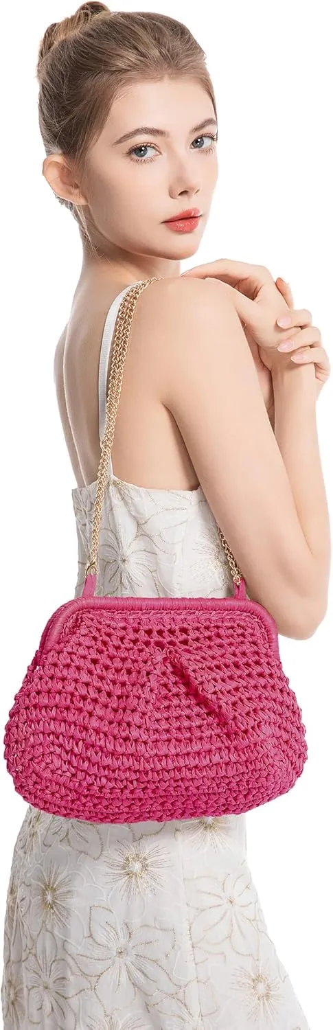 Straw Bag for Women Straw Clutch Purse Summer Beach Bag Woven Shoulder Crossbody Bag