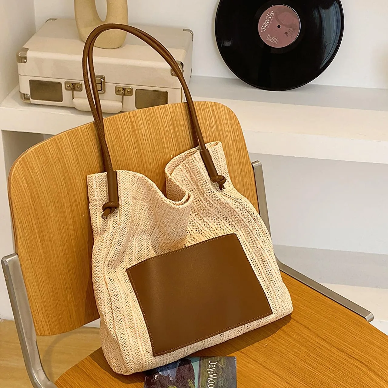 Straw Bag for Women Summer Shoulder Bag Beach Tote Straw Purse Vacation Purse for Travel Swim Shopping (White-2)