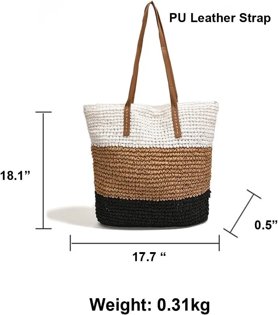 Straw Bag, Straw Beach Bag for Women, Large Woven Summer Tote Handbag Shoulder Bag for Outdoor Vacation