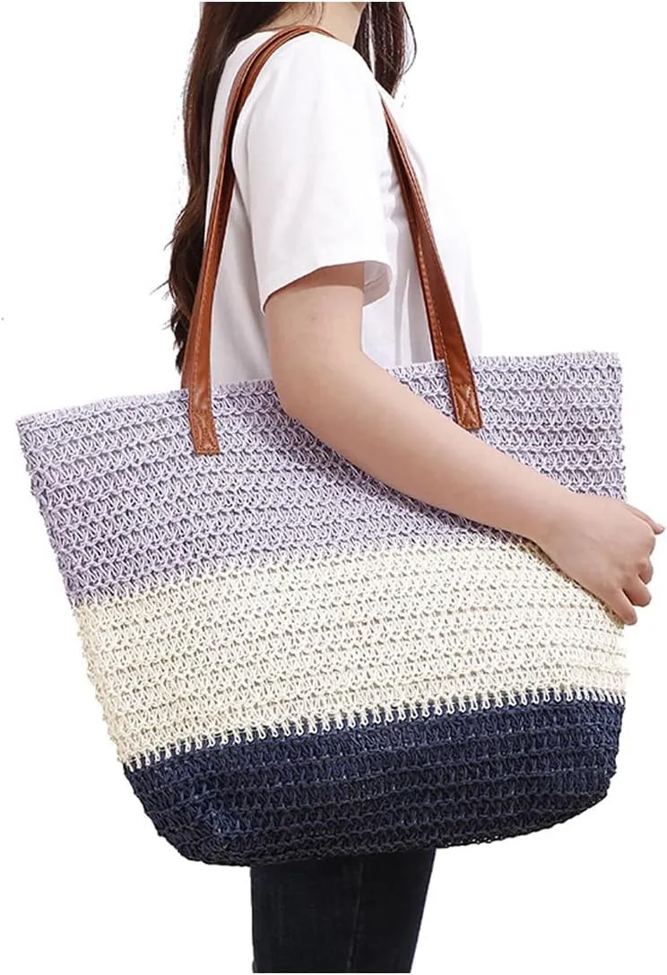 Straw Bag, Straw Beach Bag for Women, Large Woven Summer Tote Handbag Shoulder Bag for Outdoor Vacation