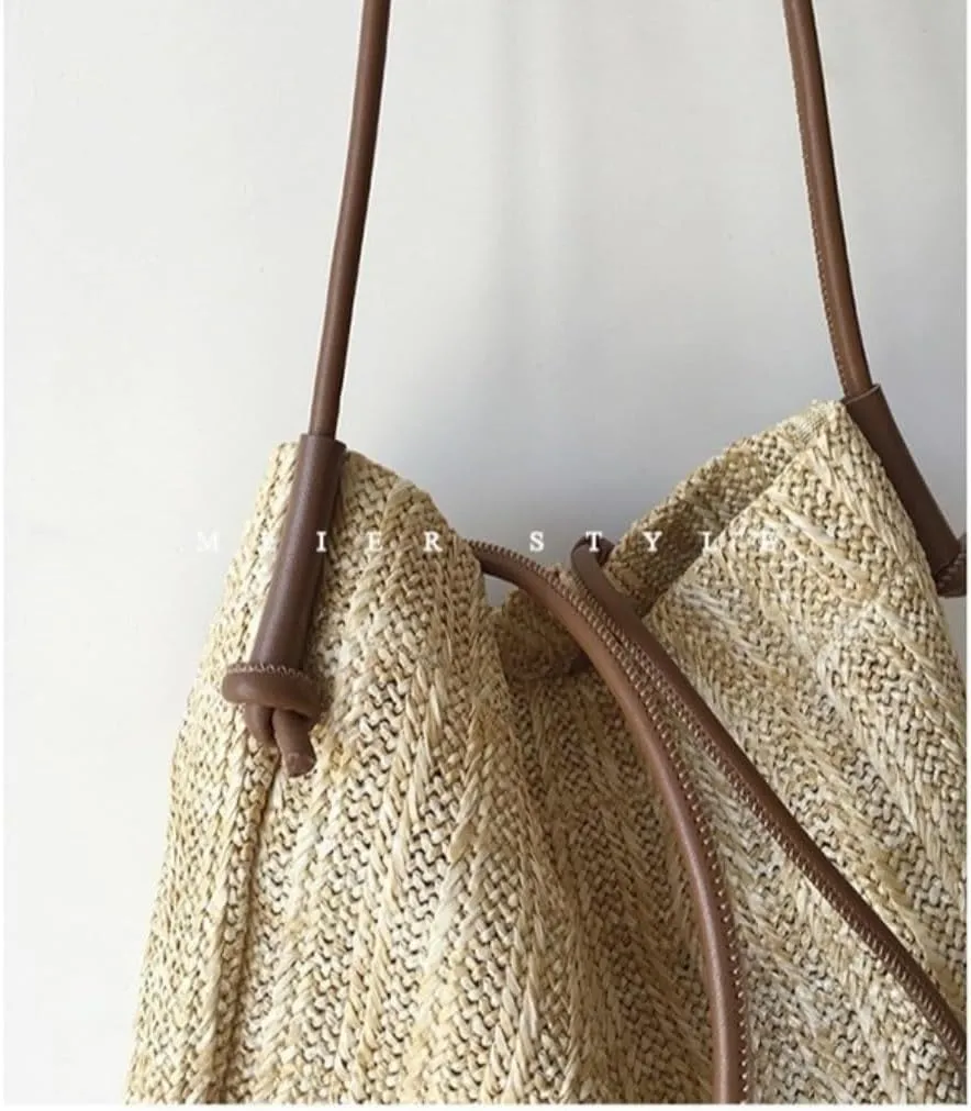 Straw Bag Summer woven basket bag contrasting color straw bucket bag handbag shoulder bag Straw Bags