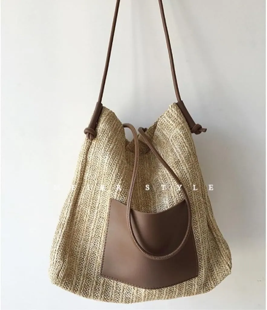 Straw Bag Summer woven basket bag contrasting color straw bucket bag handbag shoulder bag Straw Bags