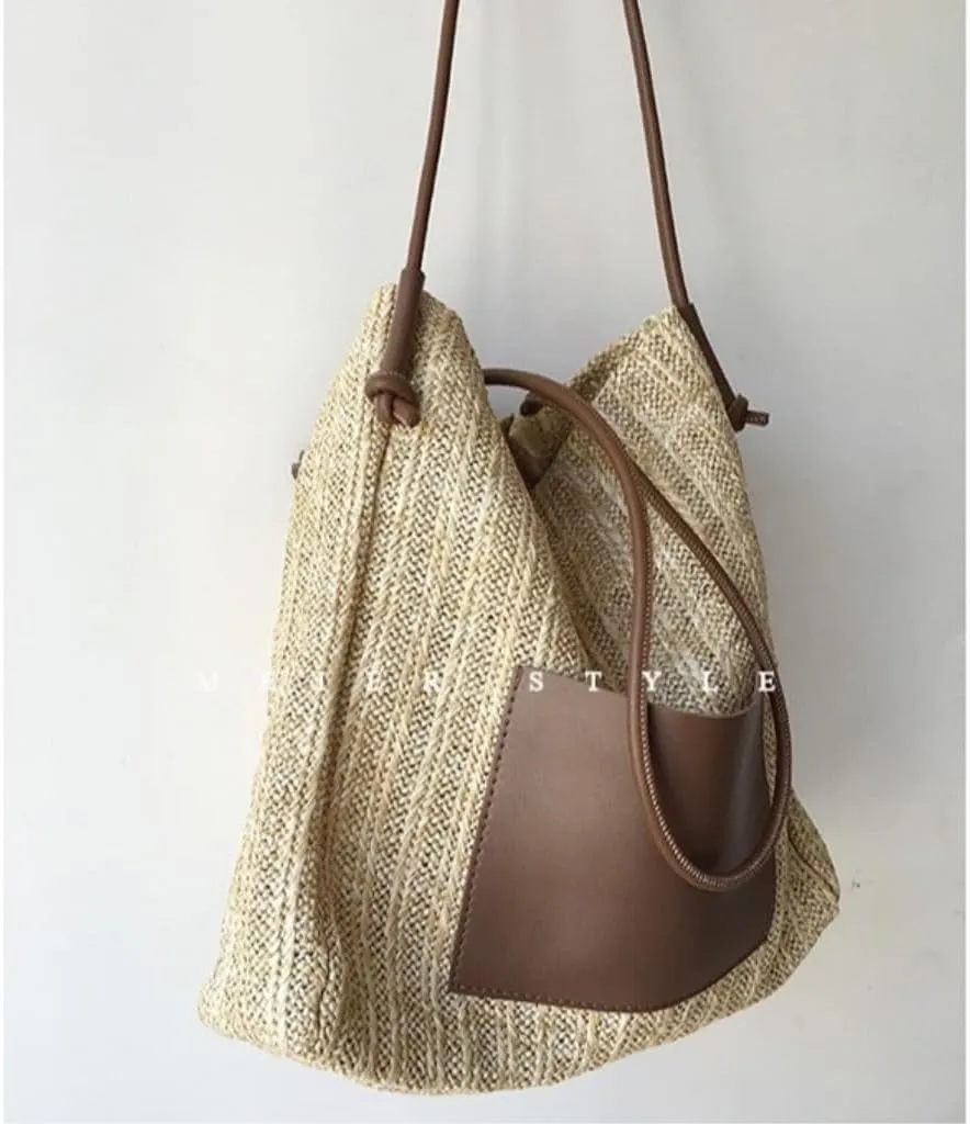 Straw Bag Summer woven basket bag contrasting color straw bucket bag handbag shoulder bag Straw Bags