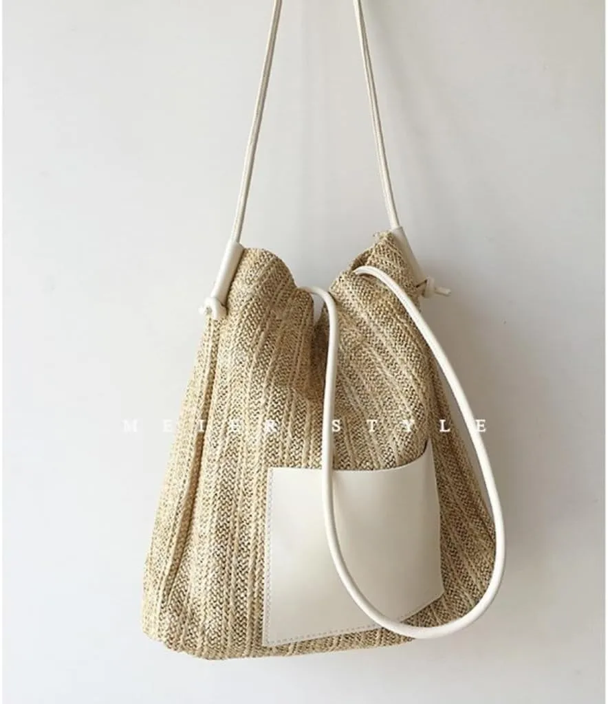 Straw Bag Summer woven basket bag contrasting color straw bucket bag handbag shoulder bag Straw Bags