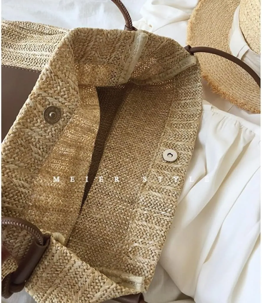Straw Bag Summer woven basket bag contrasting color straw bucket bag handbag shoulder bag Straw Bags