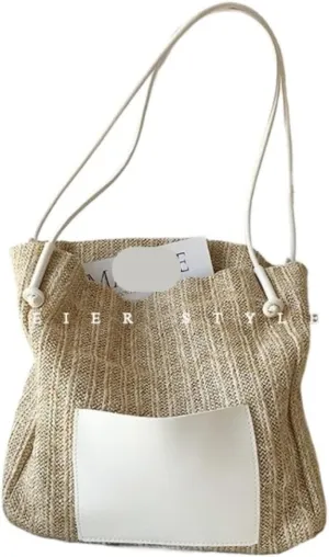 Straw Bag Summer woven basket bag contrasting color straw bucket bag handbag shoulder bag Straw Bags
