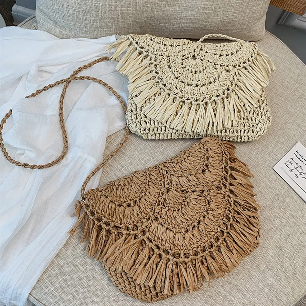 Straw Bags For Women Handmade Tassel Beach Bags Raffia Rattan Woven Handbags Female Vacation Crossbody Bags Clutch