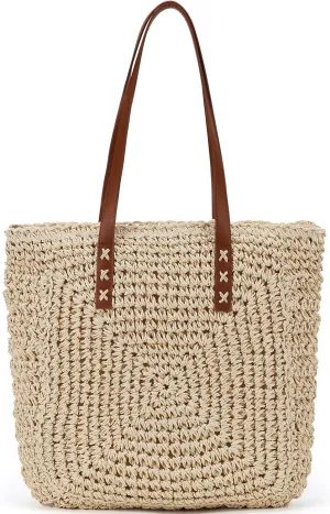 Straw Beach Bag Leather Tote Bag for Women Beach Purse Shoulder Woven Crochet Bag Purses for Women 2024 Clutch Purses Beach