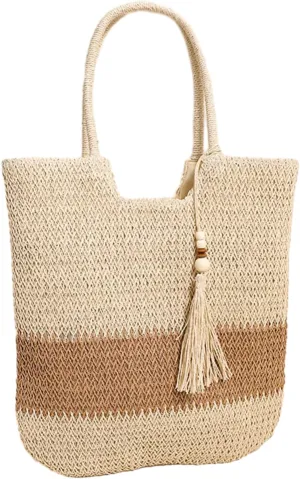 Straw Beach Bag, Woven Tote Bag With Tassels Large Shoulder Handbag Straw Purses And Handbags For Women