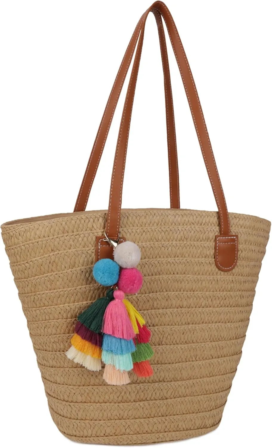 Straw Beach Bags for Women Summer Beach Tote Bag Woven Shoulder Handbag Purse with Tassel (Brown-Style-2)