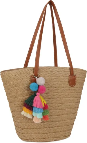 Straw Beach Bags for Women Summer Beach Tote Bag Woven Shoulder Handbag Purse with Tassel (Brown-Style-2)