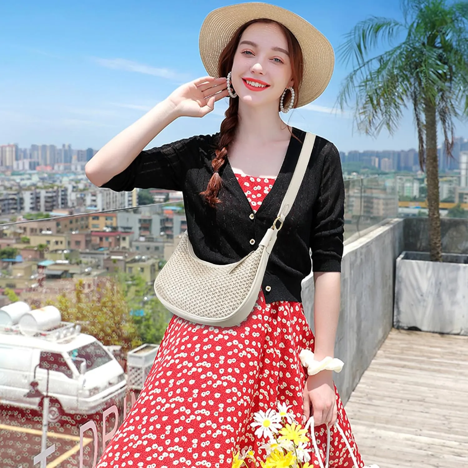 Straw Beach Shoulder Bags for Women Crescent Summer Woven Clutch Purse Vacation Handbags Underarm Hobo Tote Bag 2025