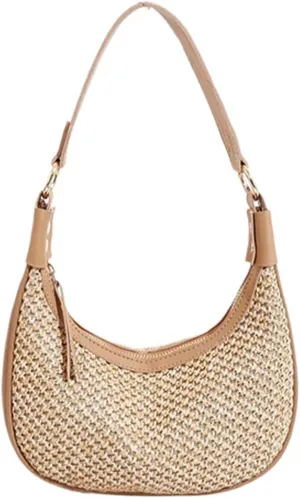 Straw Beach Shoulder Bags for Women Cute Small Crescent Tote Mini Clutch Purse Underarm Vacation Handbag Summer Straw Purse