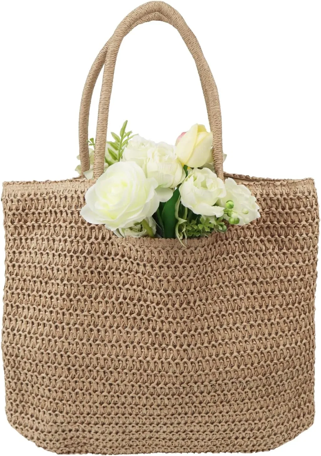 Straw Beach Tote Bag for Women,Summer Beach Bag Rattan Handbag,Large Khaki Woven Beach Tote With Zipper for Holiday,Daily Use,Handmade Weaving Handbag.