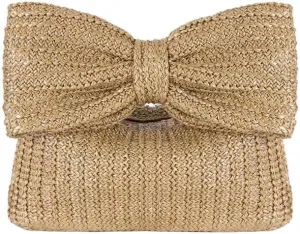 Straw Clutch Handbag with Large Bow, Natural Woven Beach Purse, Summer Casual Tote