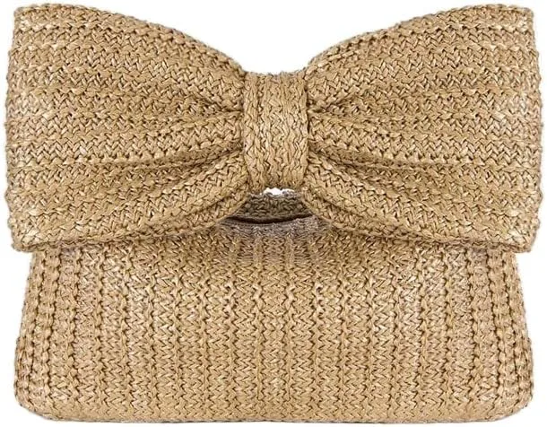 Straw Clutch Handbag with Large Bow, Natural Woven Beach Purse, Summer Casual Tote