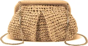 Straw Clutch Purse for Women Unique Cloud Dumpling Shaped Woven Bag Summer Beach Crossbody Handbag with Detachable Chain