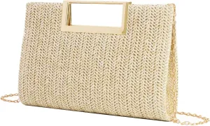 Straw Clutch Top Handle Purse for Women, Small Evening Purse Chain Shoulder Crossbody Bag for Wedding, Parties