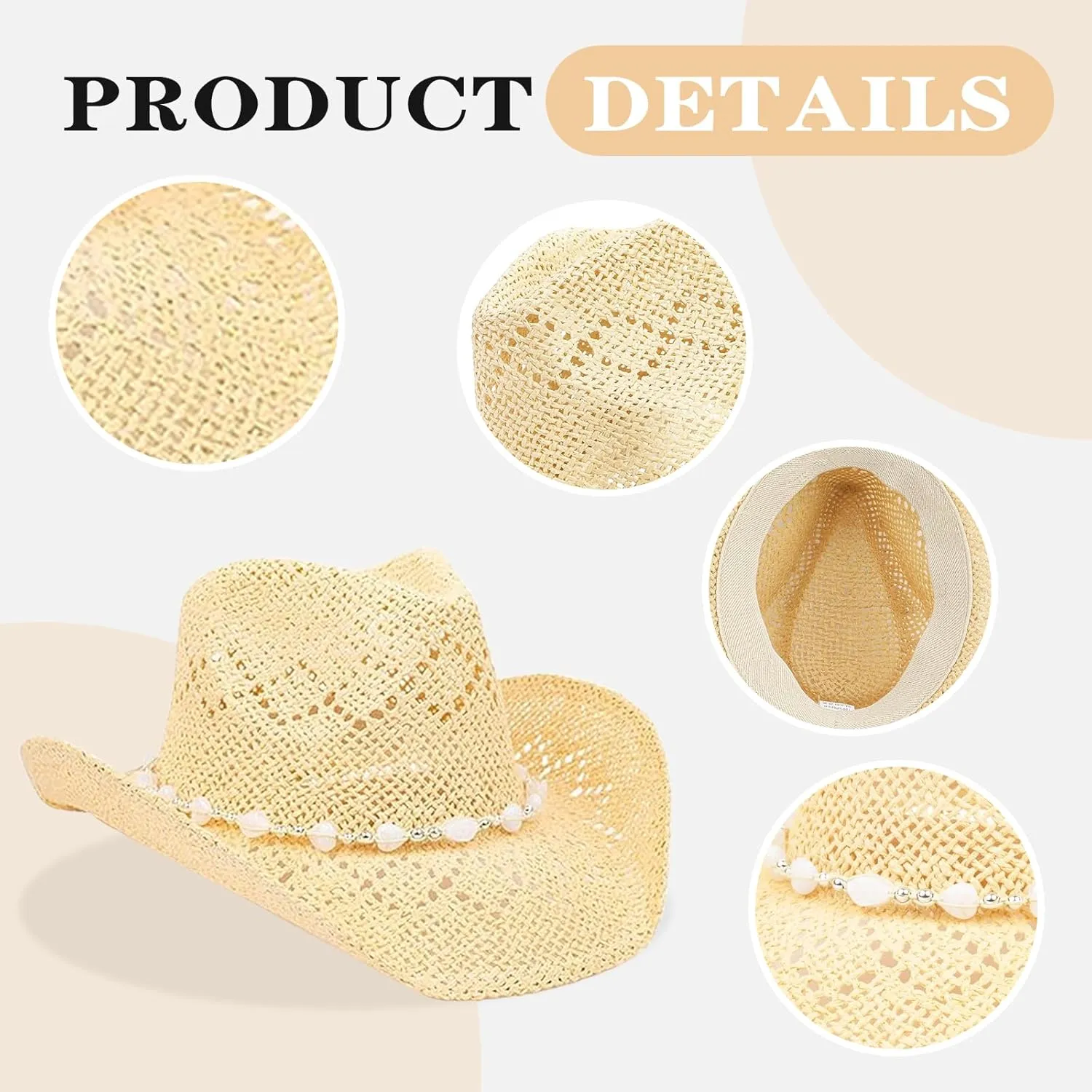 Straw Cowboy Hats for Women, Western Cowgirl Hat, Beach Hat Sun Hat with Shapeable Brim Shapeable Cowboy Hat