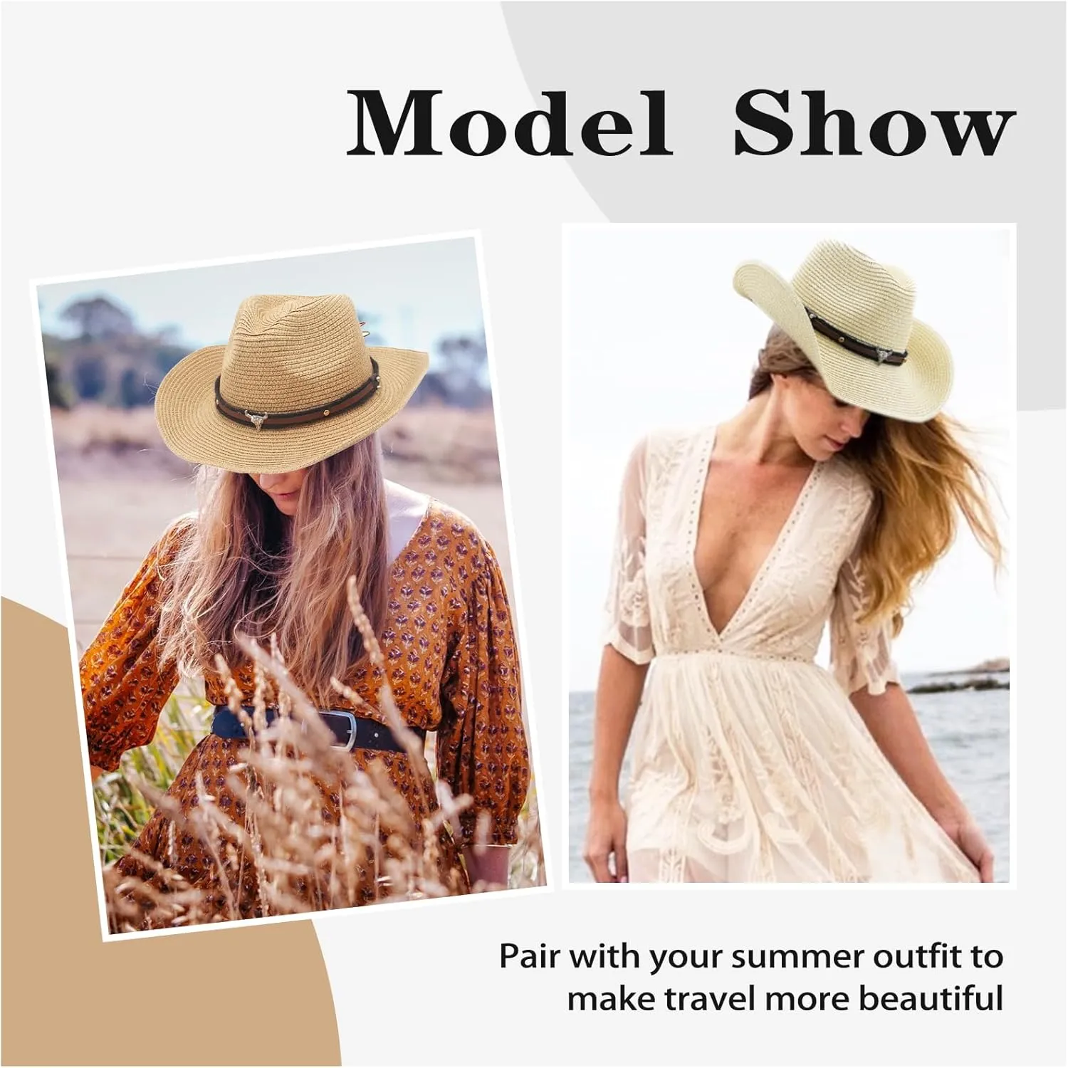 Straw Cowboy Hats Straw Cowgirl Hat for Women Men Wide with Shapeable Wide Brim Foldable Vacation Beach Sun Hat