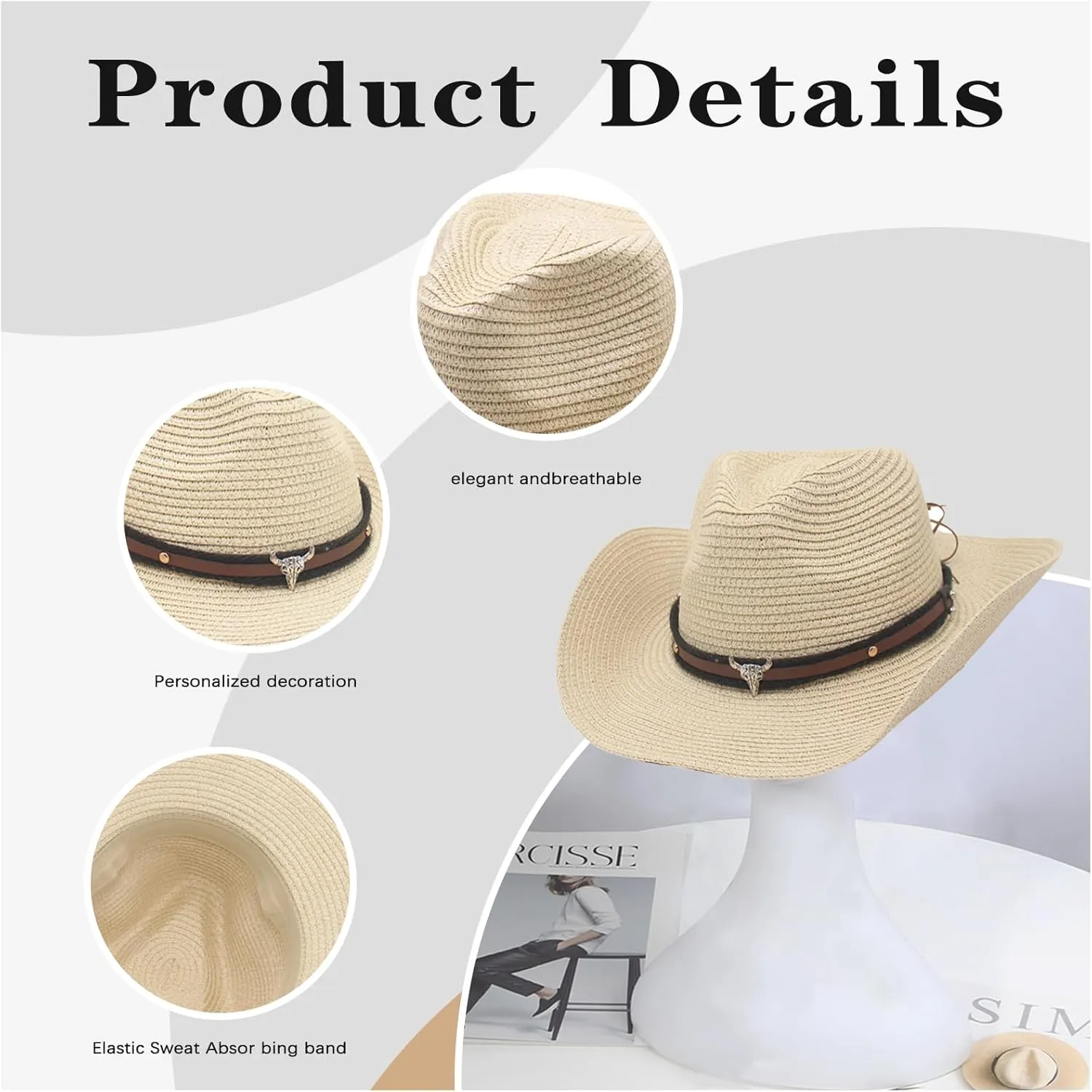 Straw Cowboy Hats Straw Cowgirl Hat for Women Men Wide with Shapeable Wide Brim Foldable Vacation Beach Sun Hat
