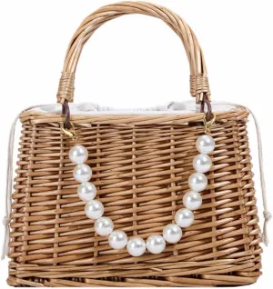 Straw Handbag Woven Tote Bag Women's Pearl Mini Basket Handbag Travel Purse for Wedding Daily Vacation Everyday Use