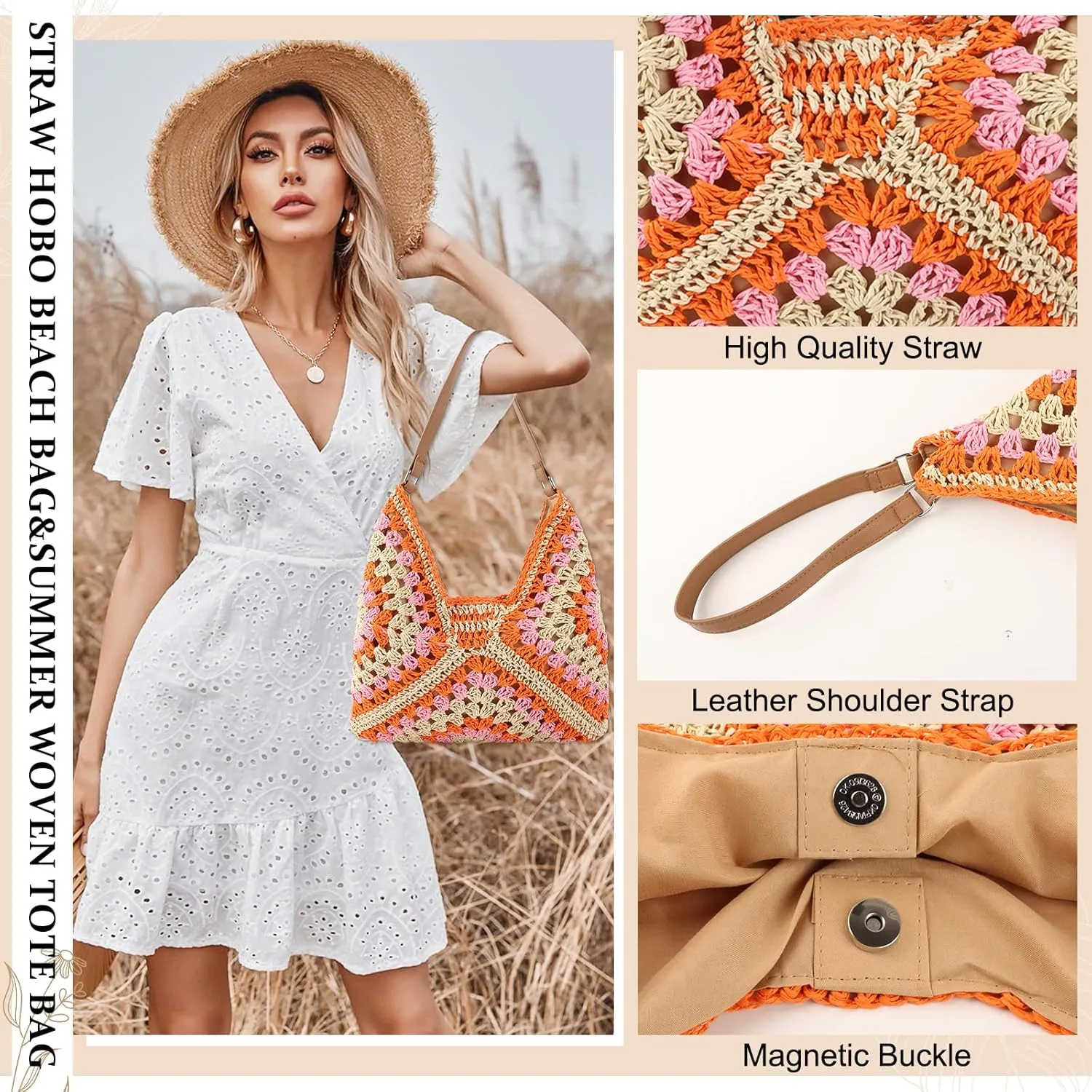 Straw Hobo Beach Bag for Women, Woven Tote Bag Summer Crochet Shoulder Bag,Vintage Foldable Handbag for Travel