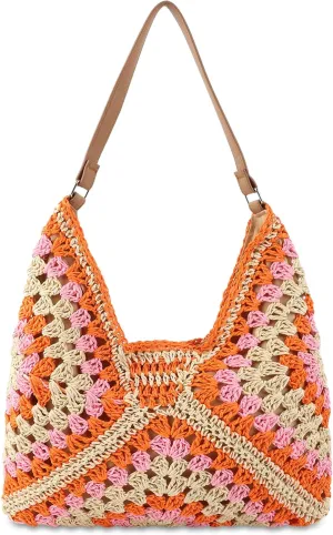 Straw Hobo Beach Bag for Women, Woven Tote Bag Summer Crochet Shoulder Bag,Vintage Foldable Handbag for Travel
