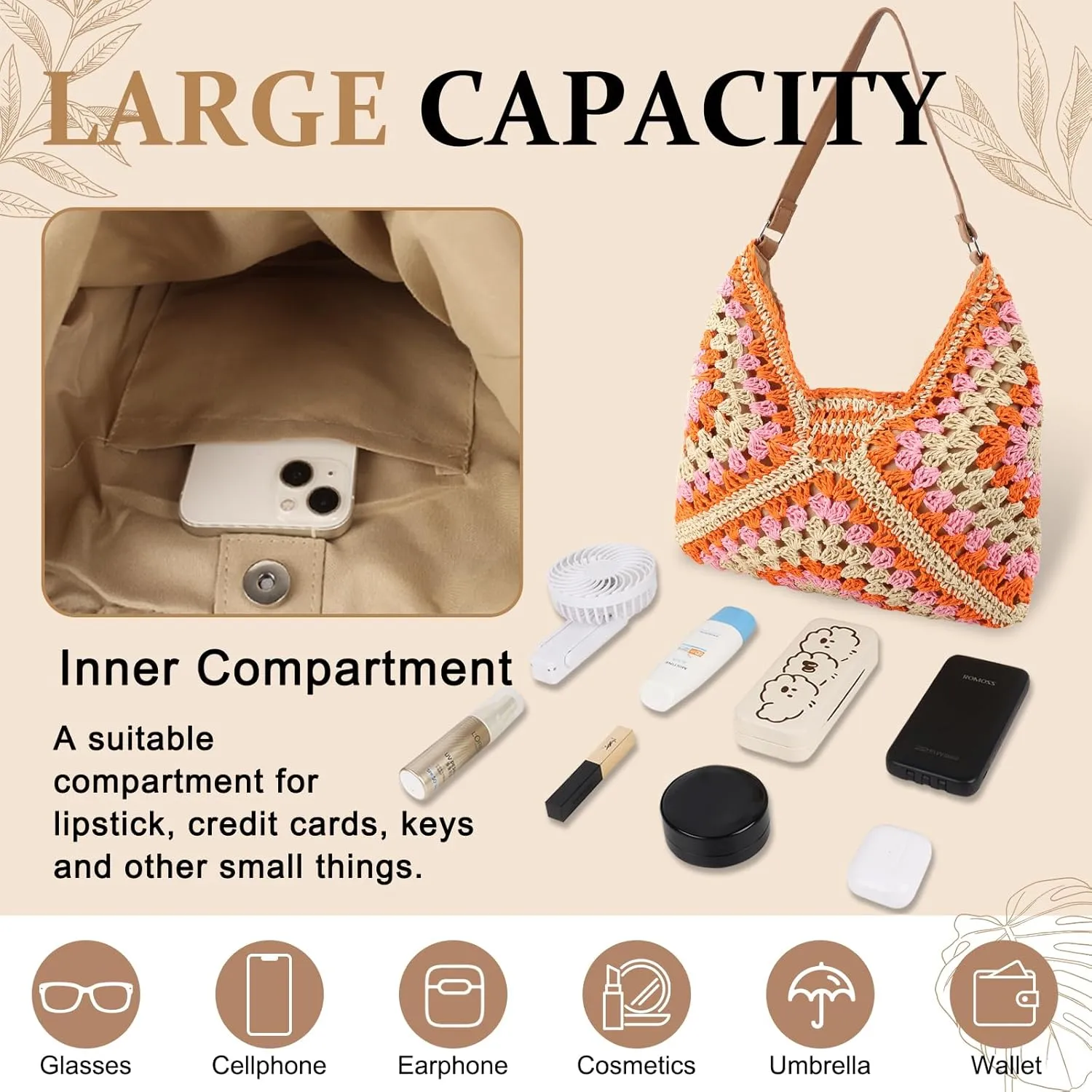 Straw Hobo Beach Bag for Women, Woven Tote Bag Summer Crochet Shoulder Bag,Vintage Foldable Handbag for Travel