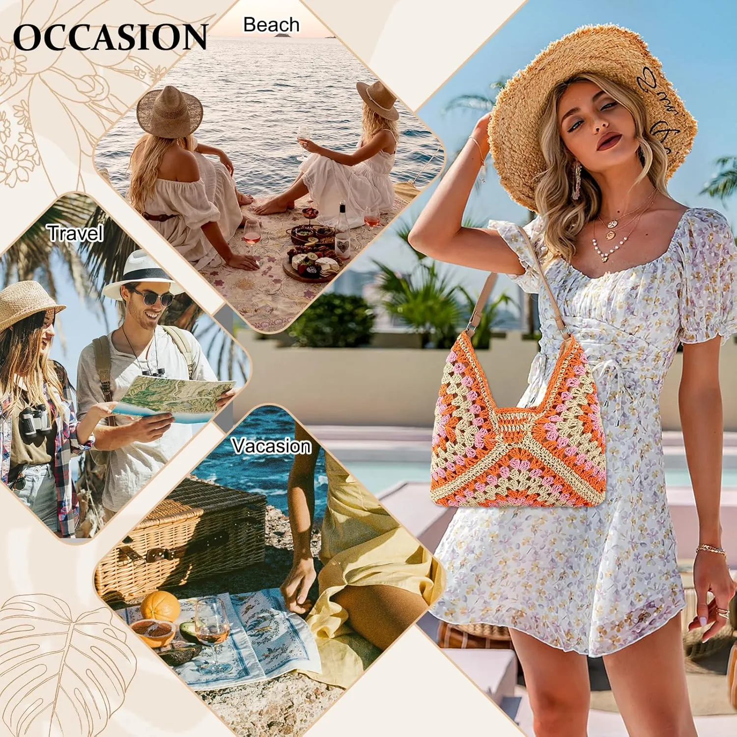 Straw Hobo Beach Bag for Women, Woven Tote Bag Summer Crochet Shoulder Bag,Vintage Foldable Handbag for Travel