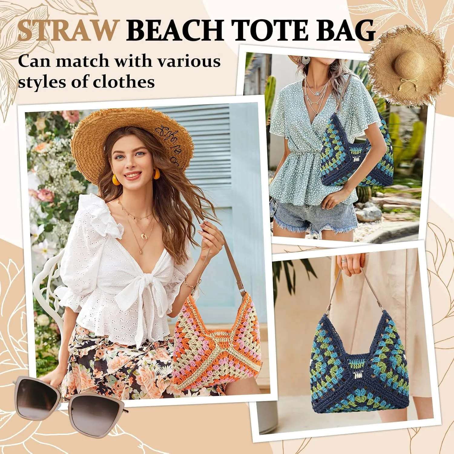 Straw Hobo Beach Bag for Women, Woven Tote Bag Summer Crochet Shoulder Bag,Vintage Foldable Handbag for Travel