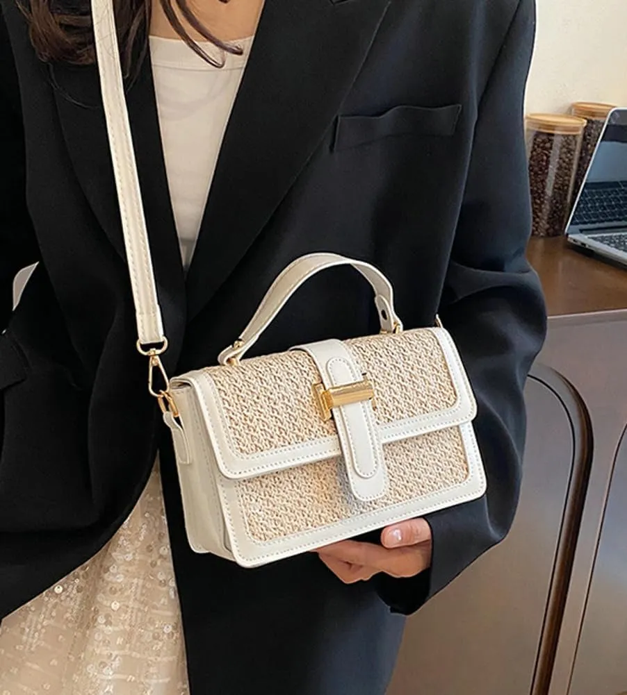 Straw Top-Handle Purse Woven Cross-body Bags for Women Summer Beach Clutch Handbag Small Flap Tote Bag Trendy Chain Purse