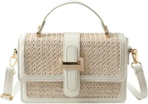 Straw Top-Handle Purse Woven Cross-body Bags for Women Summer Beach Clutch Handbag Small Flap Tote Bag Trendy Chain Purse