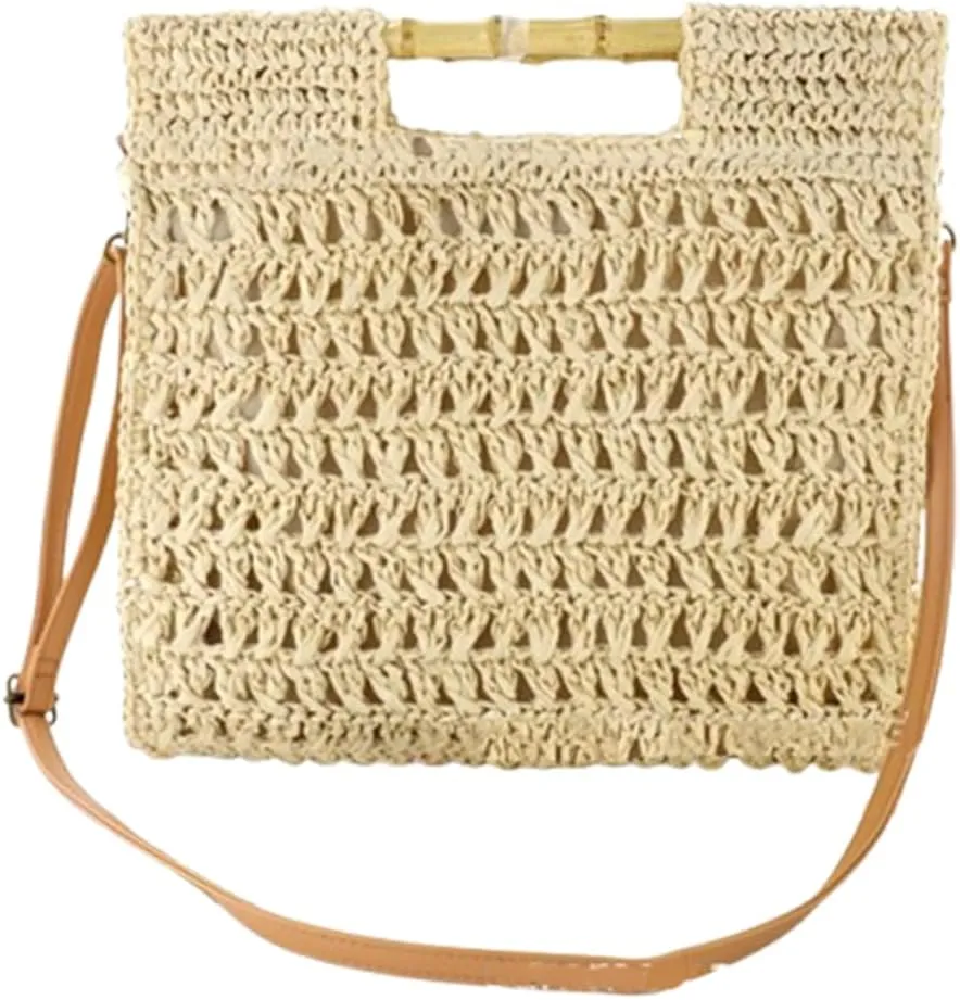 Straw Tote Bag Handmade Shoulder Handbag for Women Handwoven Hobo Bag Purse Bamboo Handle Handbag Straw Crossbody Purse