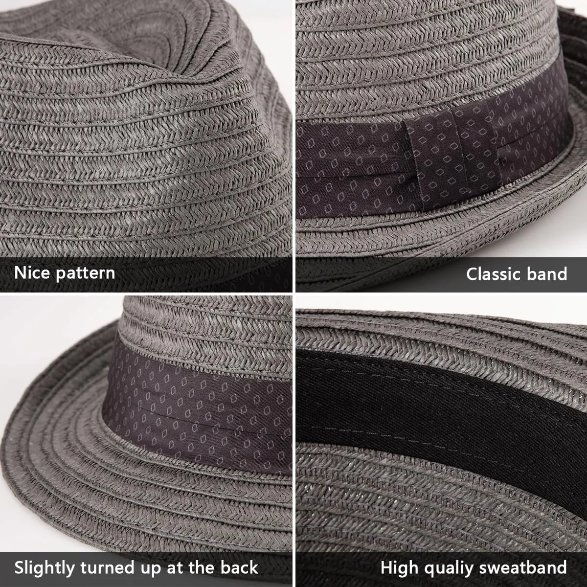 Straw Trilby Hat for Men - Summer Sun Fedoras Travel Beach Panama Short Brim