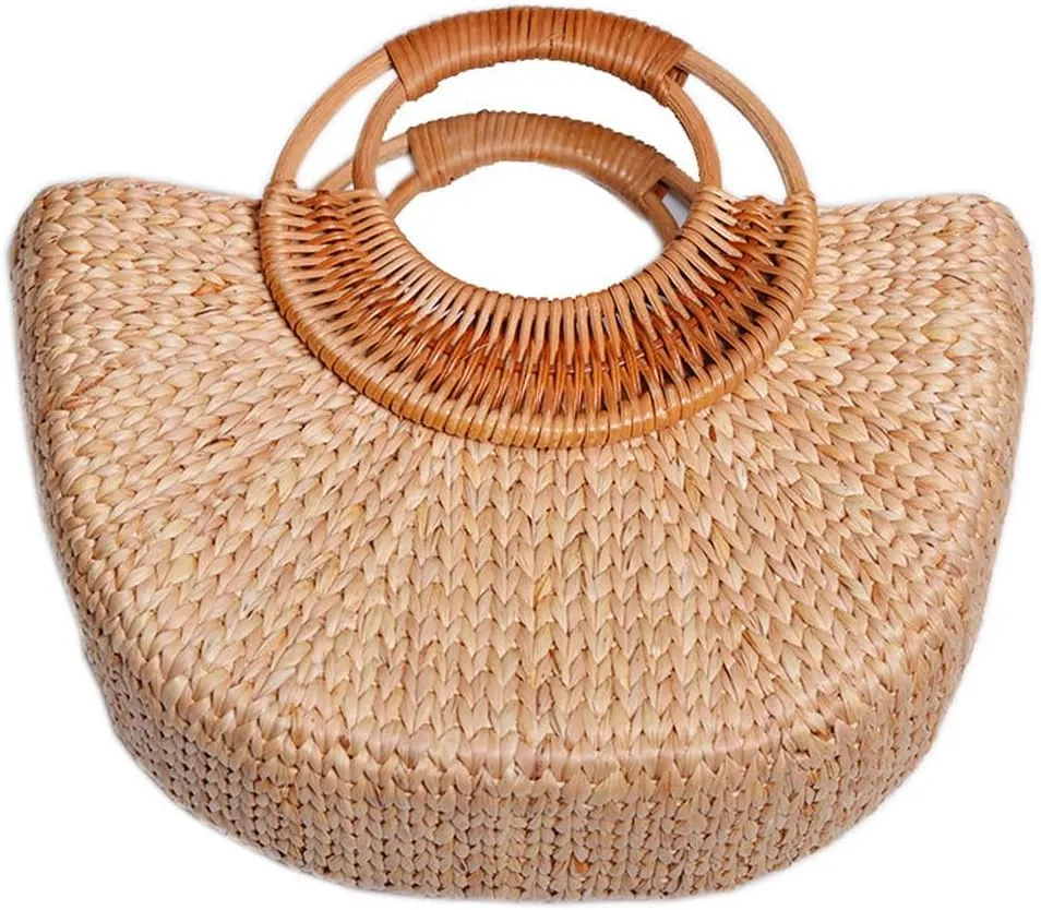 Straw Women Tote Summer Beach Top-Handbag Solid Color Retro Handmade Woven Hobo Bag Nordic Style Halfmoon Handbag for Vacation Travel